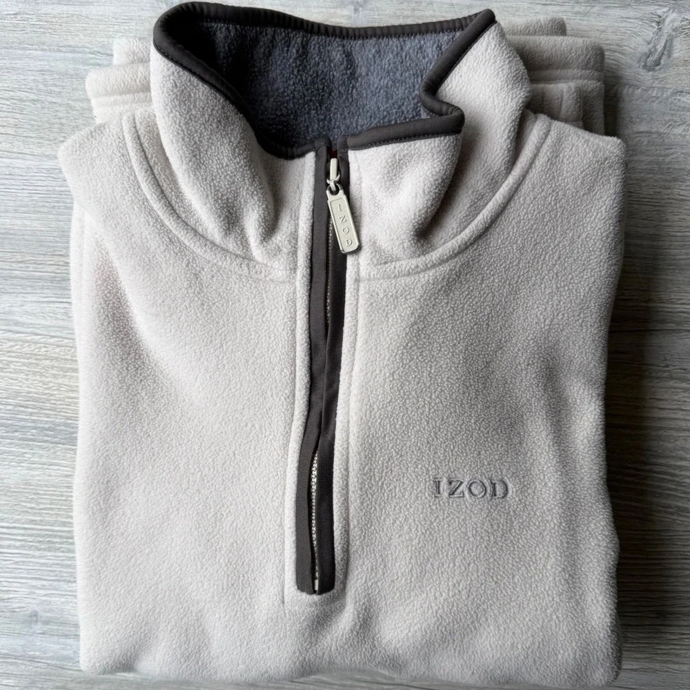 IZOD Mens Quarter Zip Fleece Pullover Cream Off White Gorpcore XL Sweatshirt